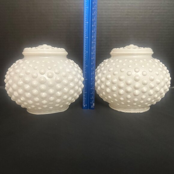 Vintage MCM White Hobnail Milk Glass Globe Lamp Shades Light Covers Pair 3.25" - Picture 8 of 11